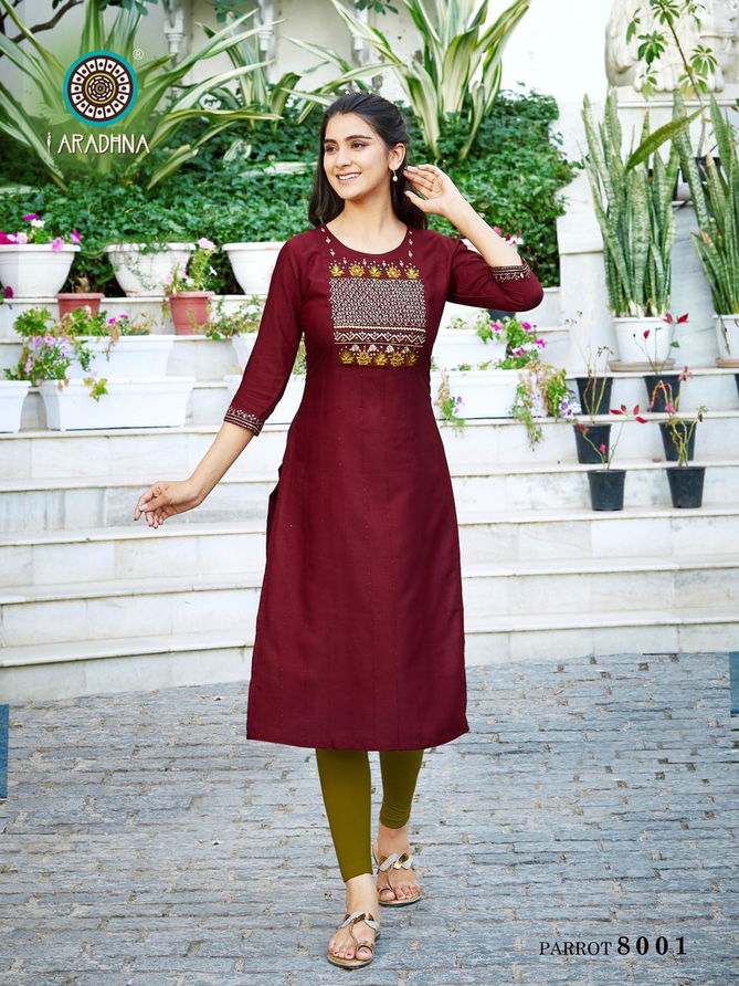 Aradhna Parrot 8 Designer Party Wear Heavy rayon Embroidery Kurti Collection